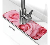 Sink Splash Guard Faucet Mat 15" x 5.5", Super Absorben Diatomite Fast Drying Stone Faucet Suction Pad, Pink Fresh Roses Faucet Drip Catcher Tray Drying Mat for Bathroom Kitchen Counter