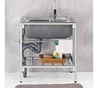 Sink,Stainless Steel Sink,Portable Sink,Stainless Steel Outdoor Single Bowl Station Utility Sink for Bar Restaurant Kitchen Hotel and Home,Outdoor Free Standing Sink,Hot and Cold Faucet-55x40x75cm