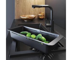 sink & strainer for Fruit and Vegetables - Sturdy Adjustable Plastic Drainer Basket - 32-46 cm - Black - Granitan