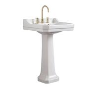 Sink with Overflow, Ceramic Glossy White Column Basin Classical Combo Gold Faucet and Drain Kit