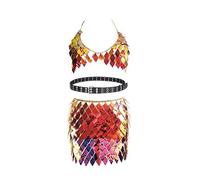 Sinkcangwu Boho Jewelry sequin Set Body Chain Suit Tribal Harness Bra Crop Top Necklace beltSkirt for Women Summer Beach Party, L, metal, Granite