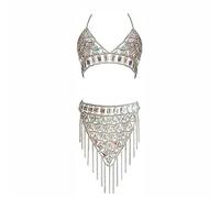 Sinkcangwu Sexy Body Chain Jewelry Layered Tassel Strap Acrylic Bra Midriff Chain Set Beach Glow Halloween Party Jewelry Set（silvery-6874）