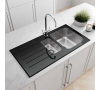 Sinkoro Kitchen Sink 1.5 Bowl Lh Drainer Black Glass Stainless Steel Inset Waste