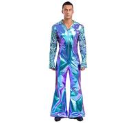 Sinleey 70s Outfit for Men Vintage Retro Disco Costume Hippie Rompers Music Star Singer Dance Flared Leg Jumpsuit Blue M