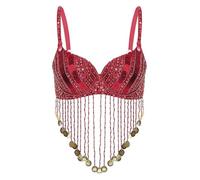 Sinleey Belly Dance Performance Costume for Women Shiny Sequins Tassels Underwired Bra Indian Dancer Top Red One Size