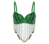 Sinleey Belly Dance Performance Costume for Women Shiny Sequins Tassels Underwired Bra Indian Dancer Top Green One Size
