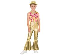 Sinleey Boys Disco Outfit Shiny Metallic Bell Bottom Jumpsuit with Sequin Hat Hippie Star Retro Dance Gold 9-10 Years