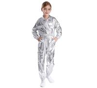 Sinleey Boys Girls 2Pcs Tracksuit Shiny Metallic Street Hip Hop Dance Outfits Long Sleeve Jacket with Pants Set Silver 5-6 Years