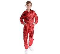 Sinleey Boys Girls 2Pcs Tracksuit Shiny Metallic Street Hip Hop Dance Outfits Long Sleeve Jacket with Pants Set Red 13-14 Years