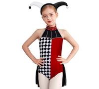 Sinleey Girls Clown Jumpsuit with Headwear Scary Clown Checkered Outfit Sparkly Halter Dance Leotards Burgundy Black 5-6 Years