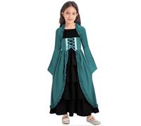 Sinleey Girls Renaissance Medieval Dress Lace Up Princess Dress Kids Irish Retro Gown Festival Party Green 15-16 Years