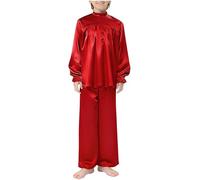 Sinleey Kids Boys Praise Dance Outfit Long Sleeve Satin Worship Pullover Top with Liturgical Wide Leg Pants Red 7-8 Years