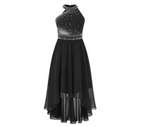Sinleey Kids Flower Girl High-Low Dress Sleeveless Shiny Rhinestones Wedding Bridesmaid Dress Proms Ball Gown Black 5-6 Years