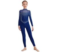 Sinleey Kids Girls Full Body Dance Unitard Sparkly Long Sleeve Gymnastics Leotard Athletic One Piece Catsuit Navy Blue 13-14 Years