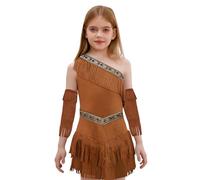 Sinleey Kids Girls Indian Native American Princess Fringe Suede Dress with Tassel Sleeves Carnival Dress Up Brown 9-10 Years