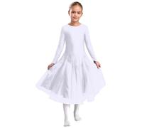 Sinleey Kids Girls Long Sleeve Shiny Rhinestones Latin Jazz Ballroom Dance Dress Tango Salsa Professional Dancewear White 13-14 Years
