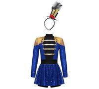 Sinleey Kids Girls Majorette Costume Marching Band Uniform Circus Ringmaster Dance Dress Leotard with Headband Blue 15-16 Years