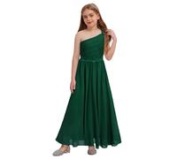 Sinleey Kids Girls One Shoulder Pleated Long Maxi Junior Bridesmaid Dress Guipure Lace Chiffon Wedding Party Dress Green 15-16 Years