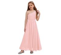 Sinleey Kids Girls One Shoulder Pleated Long Maxi Junior Bridesmaid Dress Guipure Lace Chiffon Wedding Party Dress Pink 9-10 Years