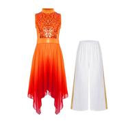 Sinleey Kids Girls Praise Dance Outfit Sequin Asymmetrical Worship Tunic with Wide Leg Pants Liturgical Dress Red 13-14 Years