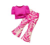 Sinleey Kids Girls Puff Sleeve 2PCS Outfits Crew Neck Crop Top and Tropical Print Flared Pants Set Hot Pink 3-4 Years