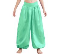 Sinleey Kids Girls Satin Bloomers Belly Dance Harem Pants Tribal Arabic Princess Wide Leg Trousers Palazzo Pants Light Green 9-10 Years