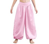 Sinleey Kids Girls Satin Bloomers Belly Dance Harem Pants Tribal Arabic Princess Wide Leg Trousers Palazzo Pants Pink 7-8 Years