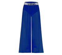 Sinleey Kids Girls Sequin High Waist Sheer Mesh Wide Leg Pants Jazz Ballroom Modern Lyrical Ballet Dance Pants Blue 15-16 Years