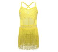 Sinleey Kids Girls Tassel Latin Dance Costume Rhinestone Ballroom Samba Rumba Tango Dance Leotard Fringe Dress Yellow 15-16 Years
