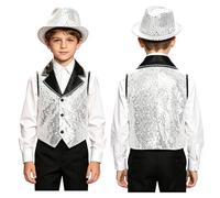 Sinleey Kids Show Outfit Sequin Vest Hat Set for Dance Party Sparkle Clothing Asymmetrical Hem Garment Silver 11-12 Years