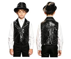 Sinleey Kids Show Outfit Sequin Vest Hat Set for Dance Party Sparkle Clothing Asymmetrical Hem Garment Black 11-12 Years