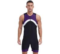 Sinleey Men One Piece Sports Swimsuit Front Zip Shorty Wetsuit Bodysuit | Athletic Spandex Jumpsuit Swimwear, Contrast Color Sleeveless Unitards, Zipper Front Active Bathing Suit, Sun Protection