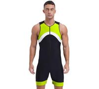 Sinleey Men One Piece Sports Swimsuit Front Zip Shorty Wetsuit Bodysuit | Athletic Spandex Jumpsuit Swimwear, Contrast Color Sleeveless Unitards, Zipper Front Active Bathing Suit, Sun Protection