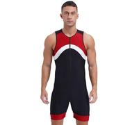 Sinleey Men One Piece Sports Swimsuit Front Zip Shorty Wetsuit Bodysuit | Athletic Spandex Jumpsuit Swimwear, Contrast Color Sleeveless Unitards, Zipper Front Active Bathing Suit, Sun Protection