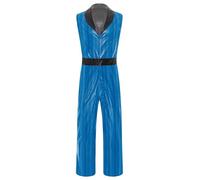 Sinleey Men's 1920s Disco Costume Lapel V Neck Metallic Shiny Jumpsuit Wide Leg Pants Rave Party One Piece Outfits Blue XXL