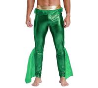 Sinleey Mens King of The Seas Halloween Mermaid Costume Sea God Cosplay Outfit Fish Scale Printed Leggings Pants Green M
