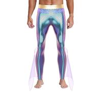Sinleey Mens King of The Seas Halloween Mermaid Costume Sea God Cosplay Outfit Fish Scale Printed Leggings Pants Purple XXL