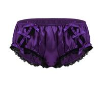 Sinleey Men's Sissy Silky Satin Bikini Briefs Frilly Lace Pouch Knickers Panties French Maid Crossdress Lingerie Dark Purple L