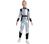 Sinleey Outer Space Alien Jumpsuit for Kids Long Sleeve Metallic Full Bodysuit Sparkly Dance Catsuit Silver 9-10 Years