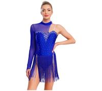 Sinleey Sparkly Latin Dance Dress for Women Fringe Tassel Leotard Salsa Tango Dance Performance Costume Blue S