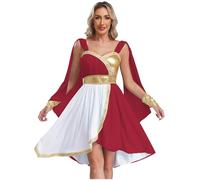 Sinleey Womens Ancient Greek Roman Toga Costume Halloween Sleeveless Princess Flowy Cape Dresses with Cuffs Burgundy M