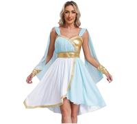 Sinleey Womens Ancient Greek Roman Toga Costume Halloween Sleeveless Princess Flowy Cape Dresses with Cuffs Light Blue XXL
