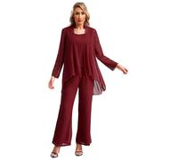 Sinleey Women's Chiffon Lace 3 Pieces Sets Plus Size Mother of The Bride Pants Suit Wedding Guest Outfits Z Burgundy XXL