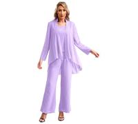 Sinleey Women's Chiffon Lace 3 Pieces Sets Plus Size Mother of The Bride Pants Suit Wedding Guest Outfits Z Lavender 3XL