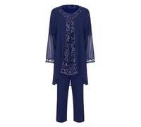 Sinleey Women's Chiffon Lace 3 Pieces Sets Plus Size Mother of The Bride Pants Suit Wedding Guest Outfits Q Navy Blue XL