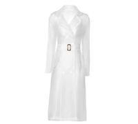 Sinleey Women's Fashion See Through Organza Trench Coat Long Jacket Sheer Mesh Long Sleeve Belted Outerwear White M