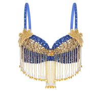 Sinleey Womens Glitter Sequins Fringe Tassel Latin Belly Dance Tops Halter Underwired Bra Performance Dancewear Royal Blue One Size
