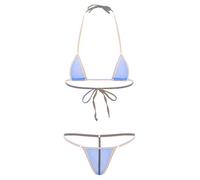 Sinleey Women's Sheer Mesh Micro Bikini Set Mini Triangle Lace-up Bra with G-String Thong 2 Piece Swimming Suit Blue L
