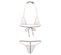 Sinleey Women's Sheer Mesh Micro Bikini Set Mini Triangle Lace-up Bra with G-String Thong 2 Piece Swimming Suit White L