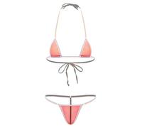Sinleey Women's Sheer Mesh Micro Bikini Set Mini Triangle Lace-up Bra with G-String Thong 2 Piece Swimming Suit Red L